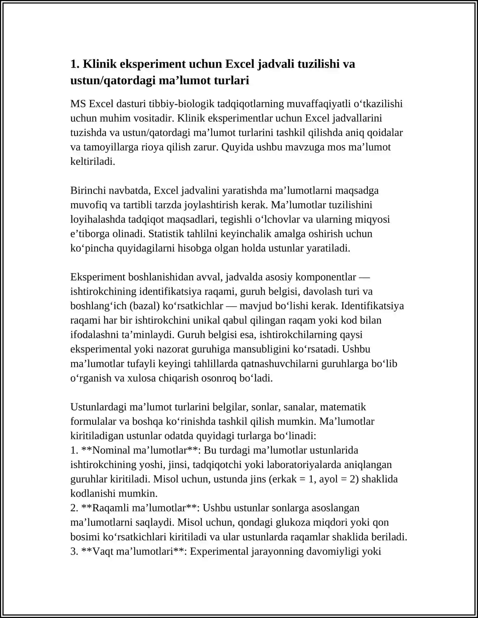 MS EXCEL’DA TIBBIY-BIOLOGIK MASALANI YECHISH MISOLIDA MA’LUMOTLARNI TASHKIL QILISH VA KIRITISH 4