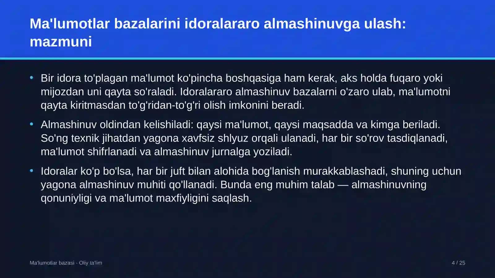 endokrinologiya dispanserlarida ma'lumotlar bazalarini idoralararo almashinuvga ulash 6272 4