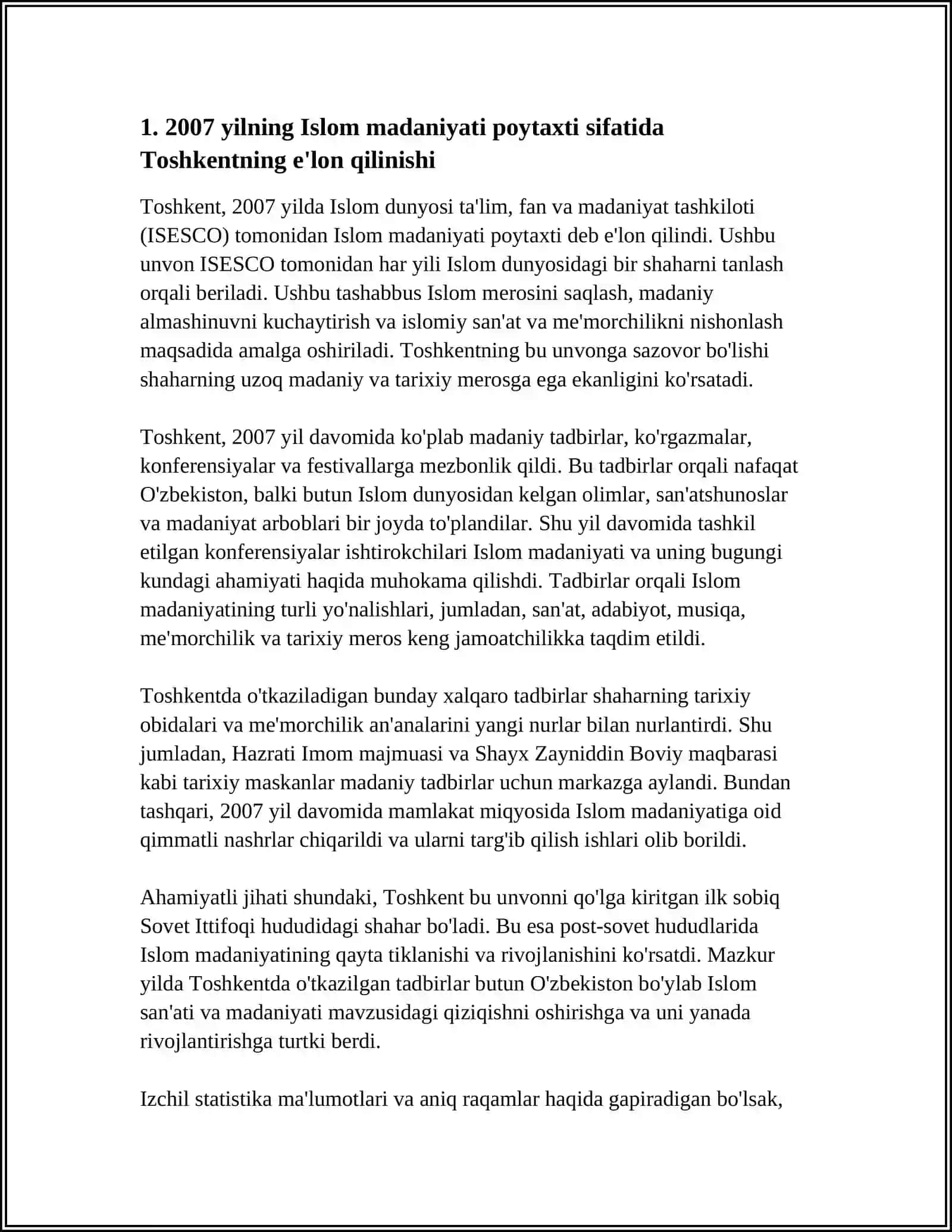 2007 - YIL TOSHKENT - ISLOM MADANIYATI POYTAXTI DEB E'LON QILINISHINING MAZMUN VA MOHIYATI 4