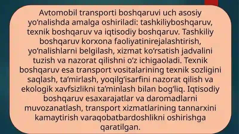 Avtomobil transportini boshqarishning hozirgidavrdagi holati va taraqqiyoti 4
