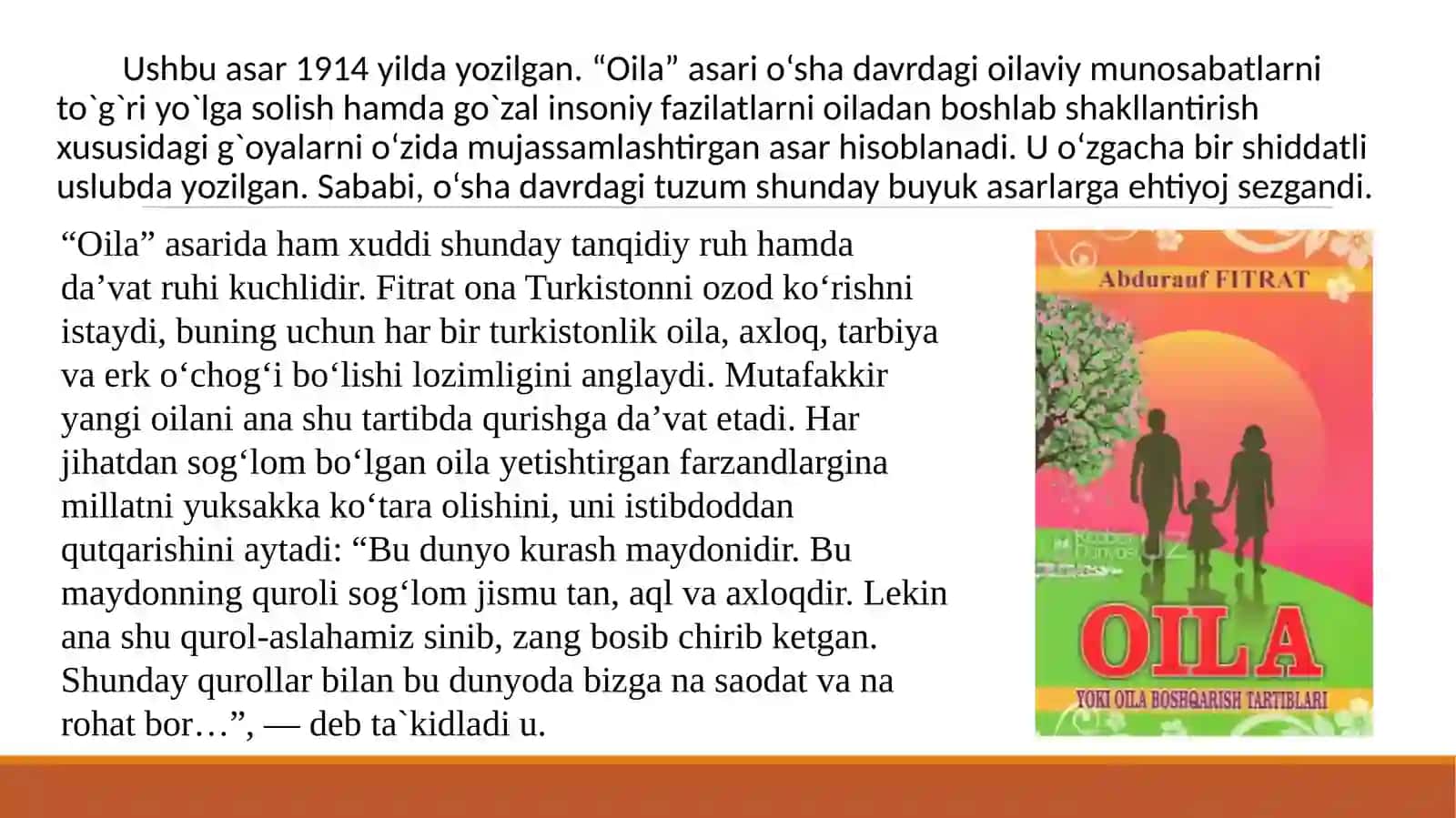 A.FITRATNING "OILA ASARIDAGI OILA QURISH TARTIBLARI VA FARZAND TARBIYASIGA OID G'OYALAR BO'YICHA ESSE TAYYORLASH 4