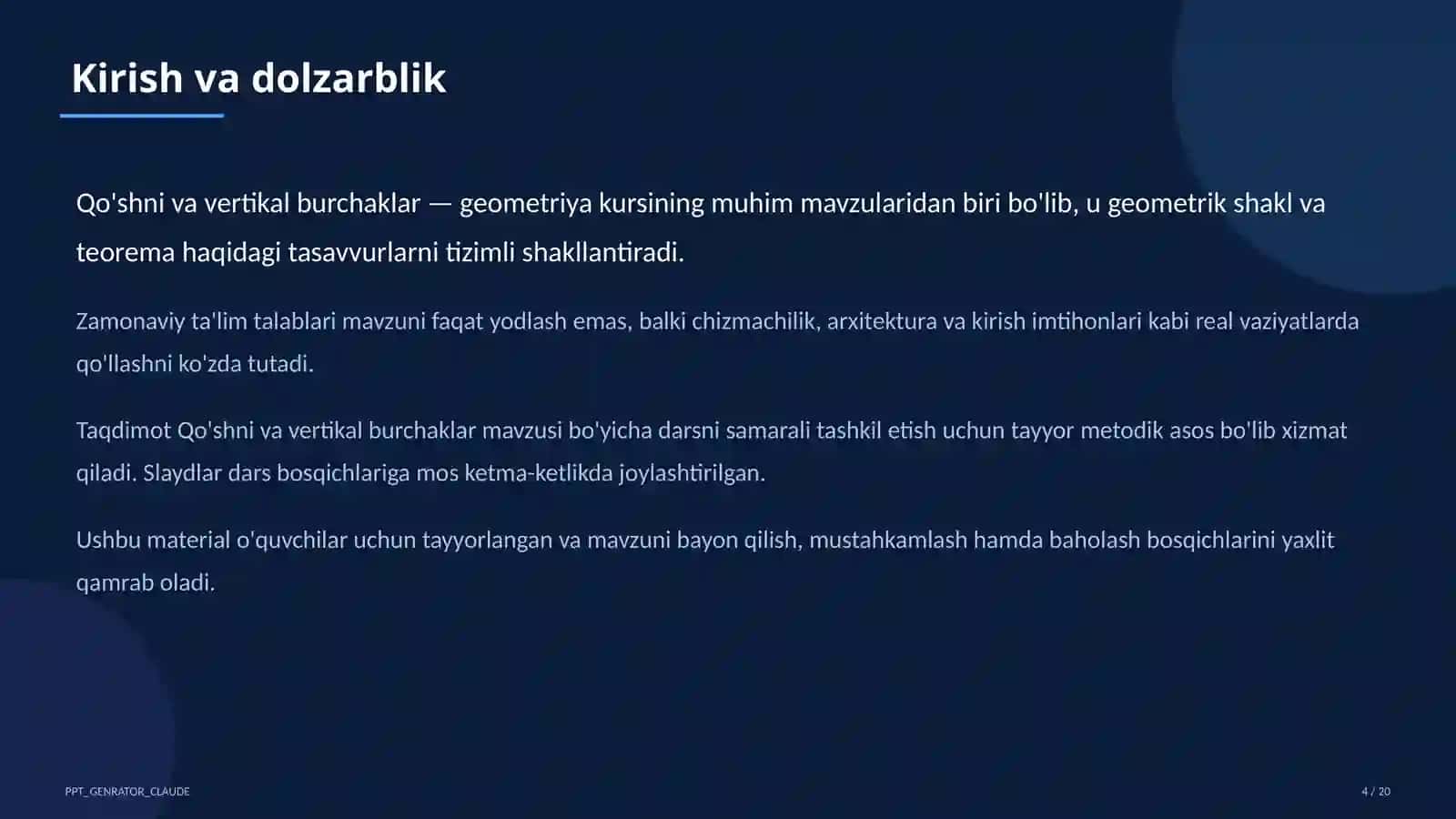 Qo'shni va vertikal burchaklar (7-sinf) 4