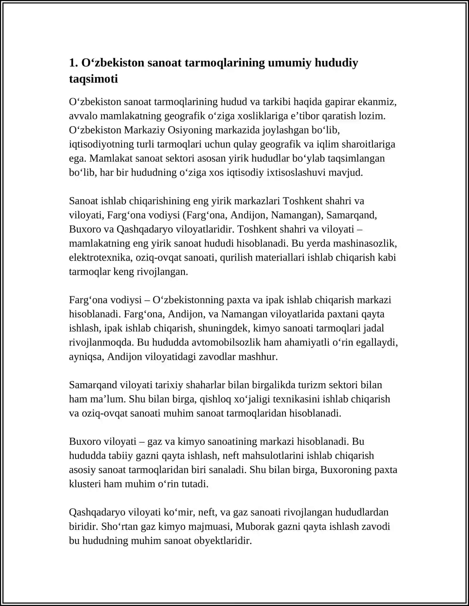 Oʻzbekiston Sanoat Tarmoqlarining Hudud va Tarkibi 4