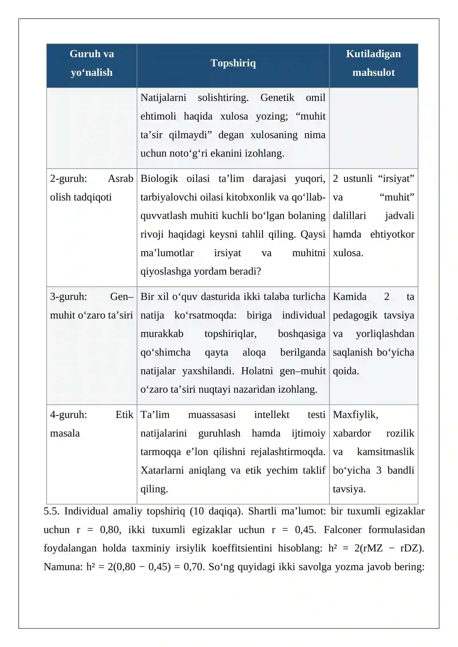 Intellektni psixogenetik tadqiq etish Amaliy mashg'ulot ishlanmasi 4