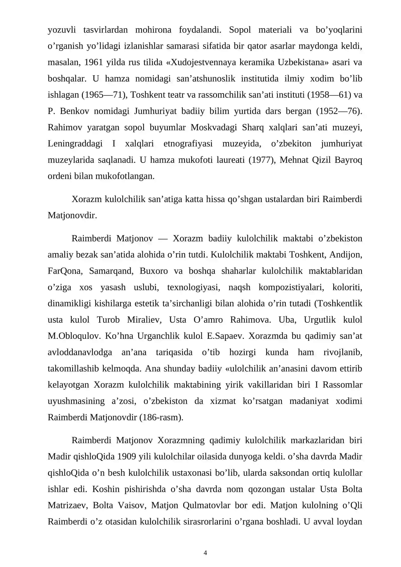 Kulolchilik san’ati tarixi. Mustaqil ish 4