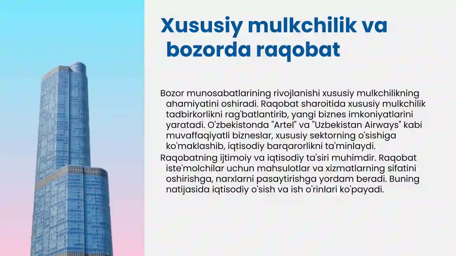 Iqtisodiy islohotlar , xususiy mulkchilikning shakllanishi O'zbekistonda bozoro munosabatlarining rivojlanishi 4