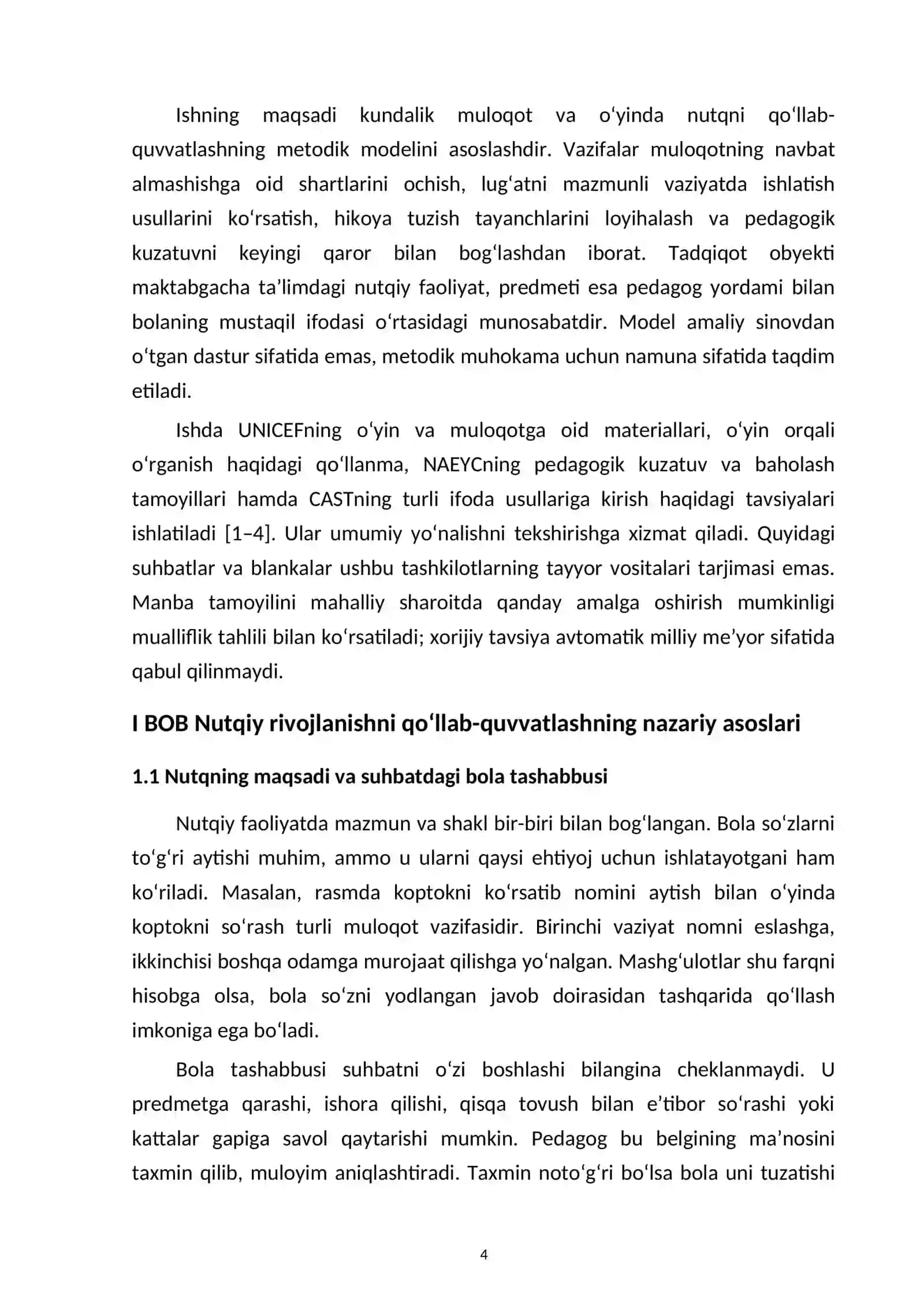 Bolalar nutqini kundalik muloqot va o‘yin orqali rivojlantirish metodikasi — kurs ishi namunasi 4