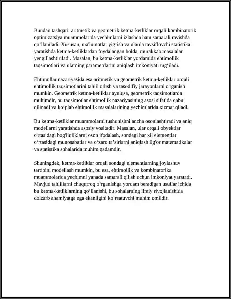 SONLI KETMA-KETLIKLARNI KOMBINOTORIKA, EHTIMOLLAR NAZARIYASIDAGI TAQBIQLARI 4