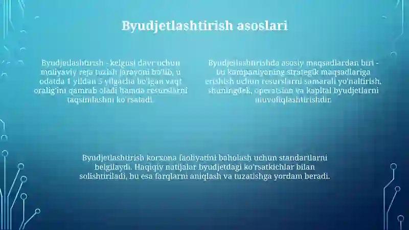 Xarajatlarni nazorat qilish buyujetlashtirish va tafout tahlili 4