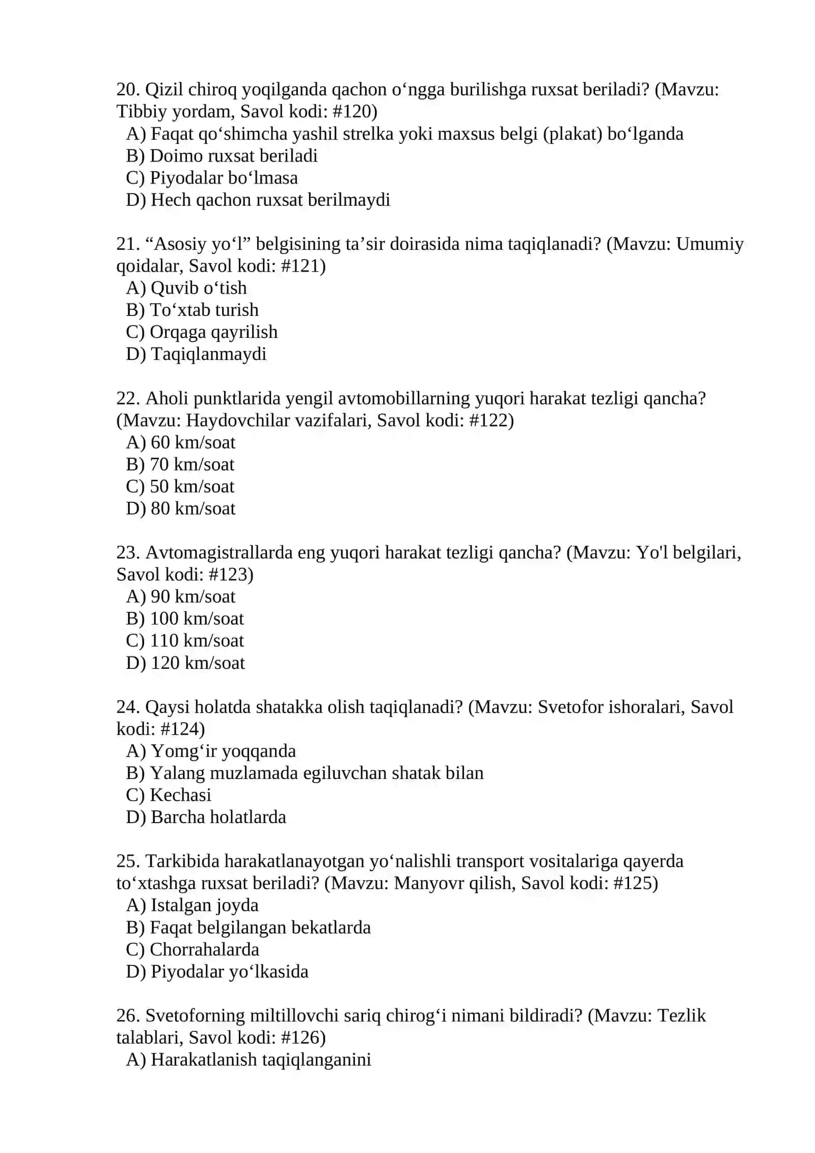 PRAVA TEST( YO'L HARAKATI QOIDALARI (YHQ) BO'YICHA IMTIHON TESTLARI) 4