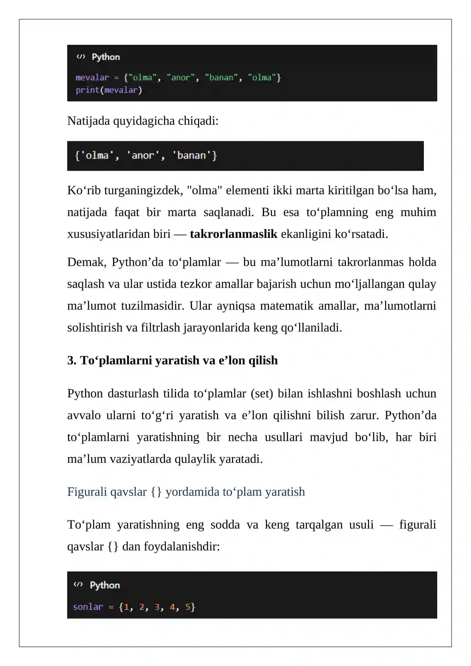Python dasturlash tilida to‘plamlar bilan ishlash 4