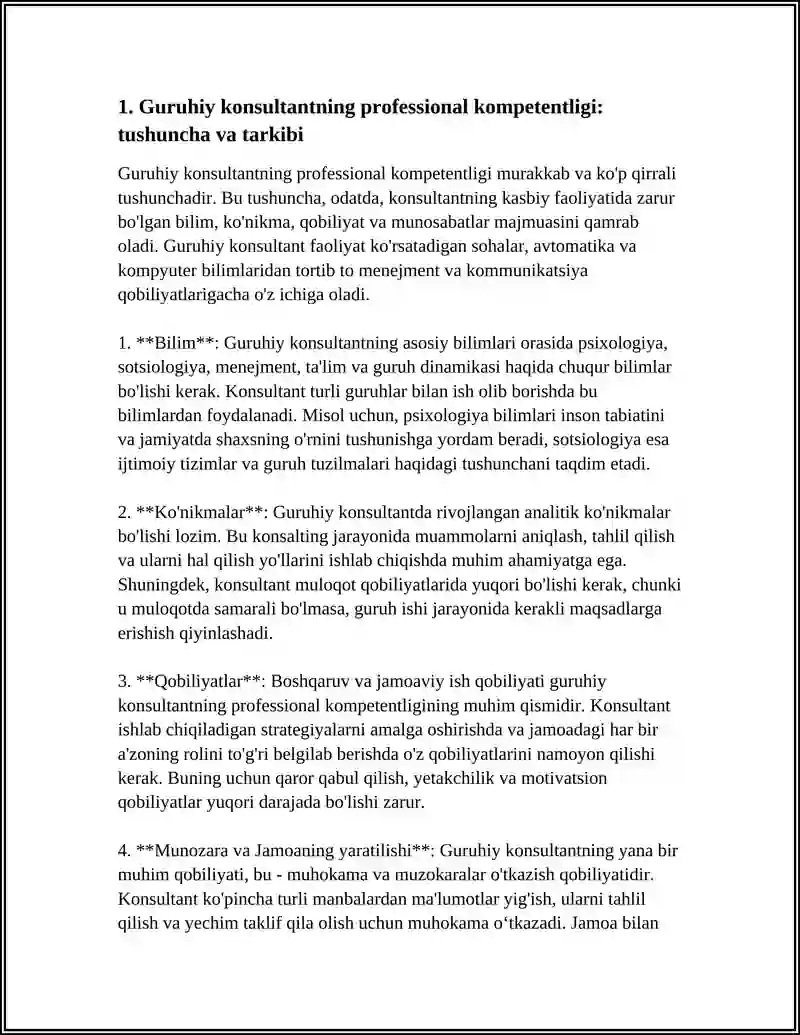 O’ZBEKISTON MILLIY UNIVERSITETI IJTIMOIY FANLAR FAKULTETI UMUMIY PSIXOLOGIYA GURUHIY KONSULTANTNING KOMPETENTLIGI 4