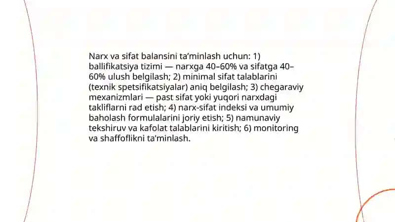 Davlat xaridlarida baholash mezonlarini optimallashtirish va ularning adolatli bulishini taminlash 4