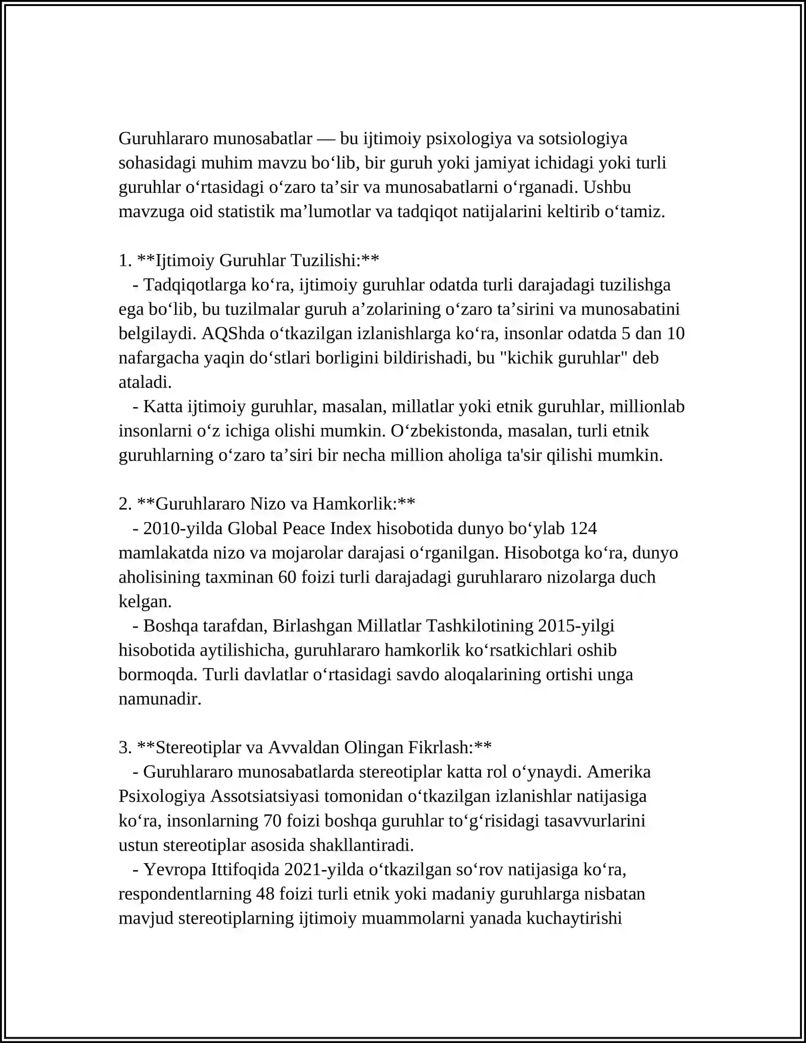 MIRZO ULUGʻBEK NOMIDAGI OʻZBEKISTON MILLIY UNIVERSITETI IJTIMOIY FANLAR FAKULTETI AMALIY PSIXOLOGIYA YO'NALISHI 2-KURS TALABASI ARIFJONOVA GULIZANING SATSIAL PSIXOLOGIYA FANIDAN MUSTAQIL TAʼLIMI 4