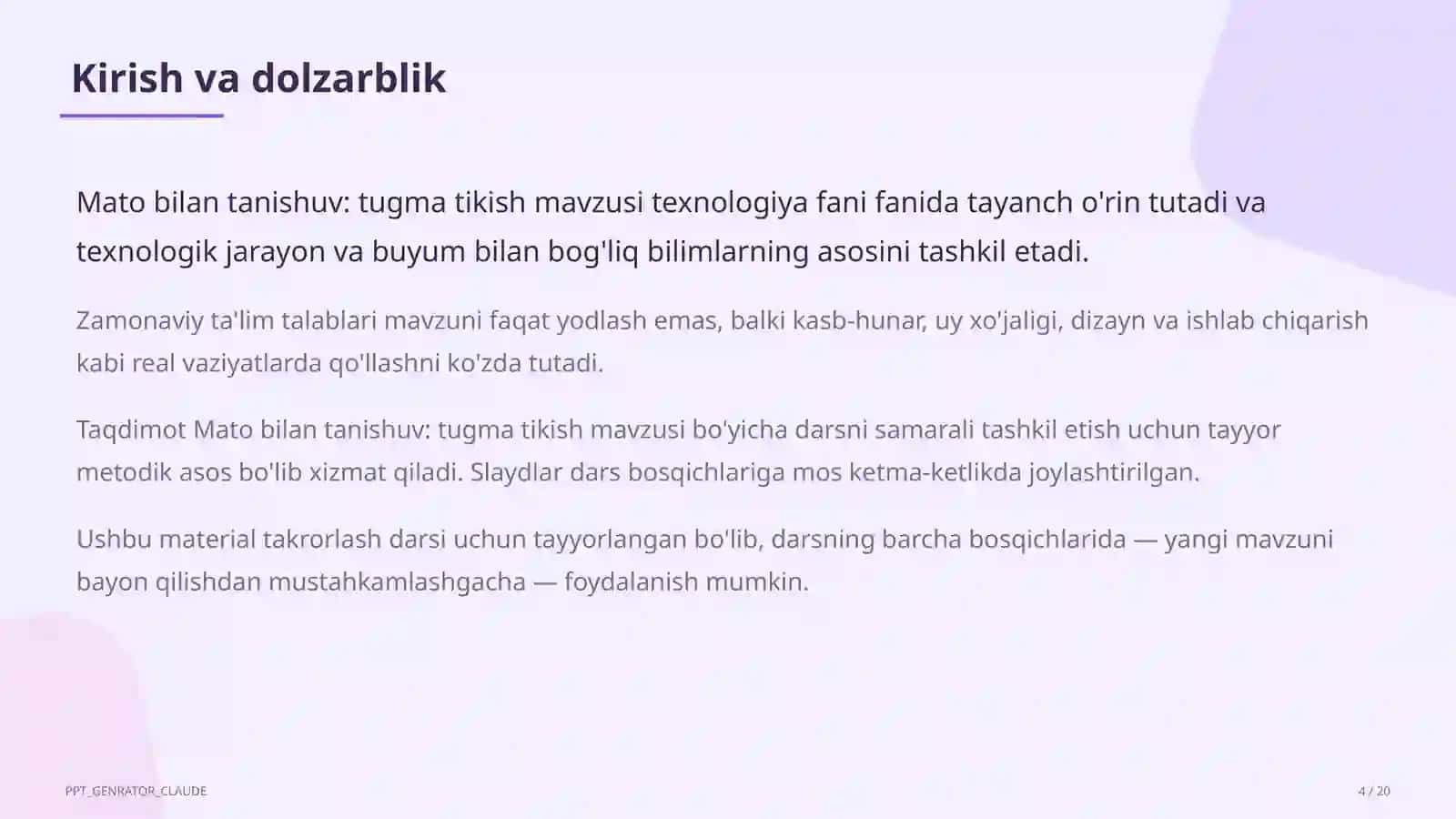 Mato bilan tanishuv: tugma tikish (2-sinf) 4