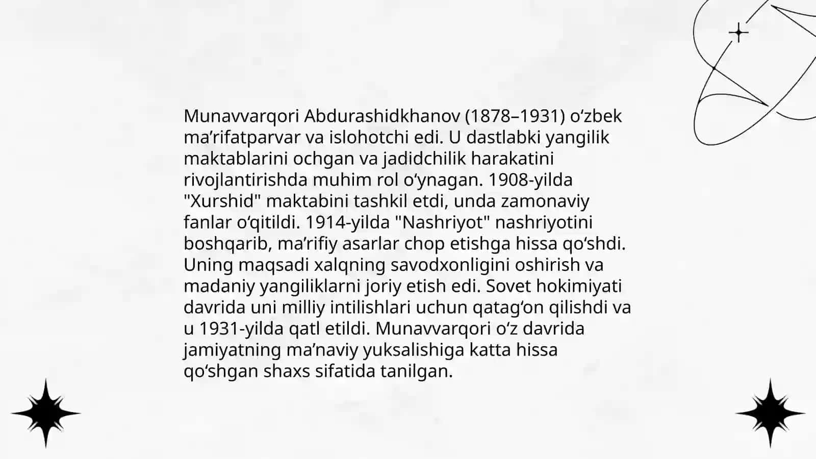 Jadid maʼrifatparvarlarining oʻlka ijtimoiy maʼnaviy hayotida tutgan oʻrni(Munavvarqori, Fitrat, Behbudiy,Avloniy va boshqalar) 4