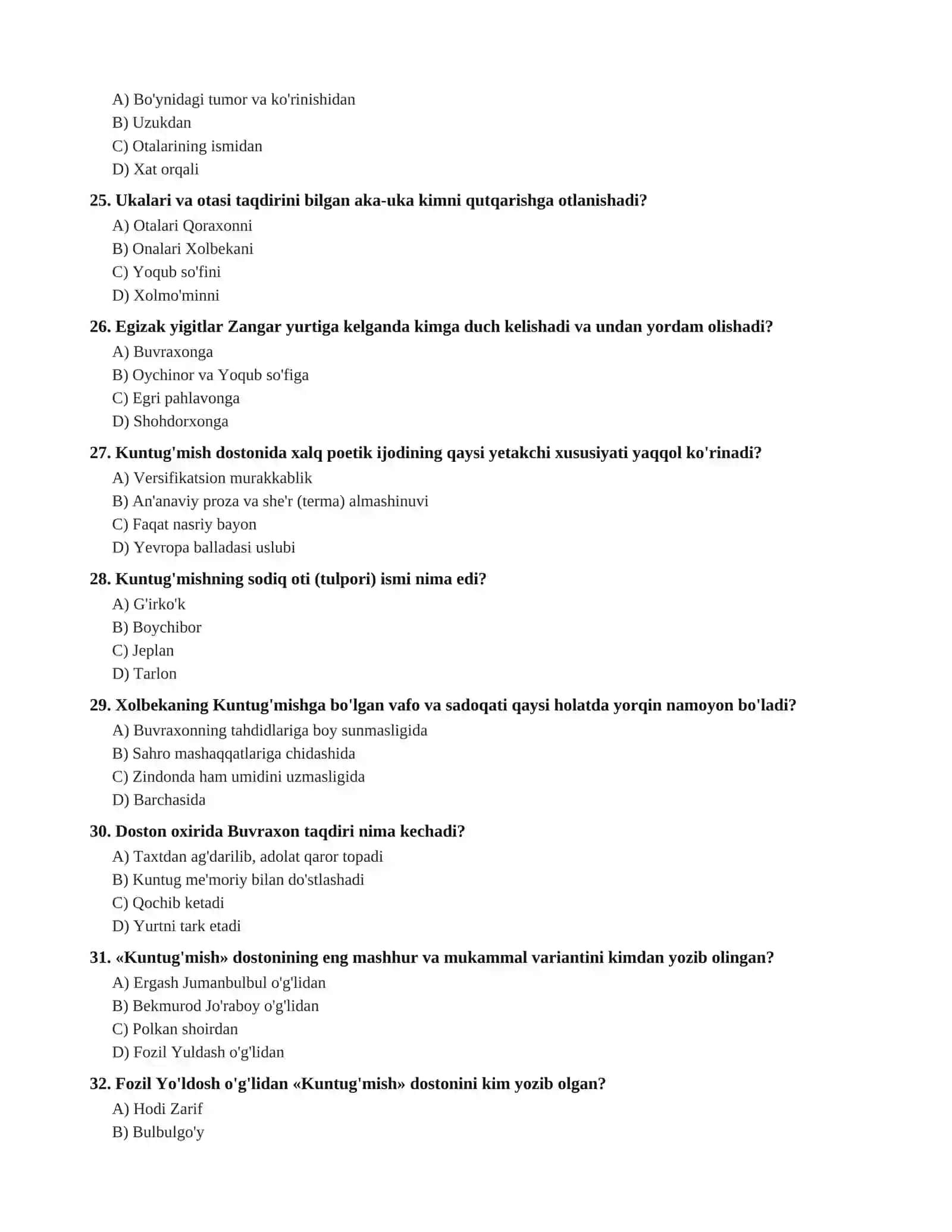 «KUNTUG'MISH» DOSTONI BO'YICHA 100 TA TEST SAVOLI VA JAVOBLARI 4