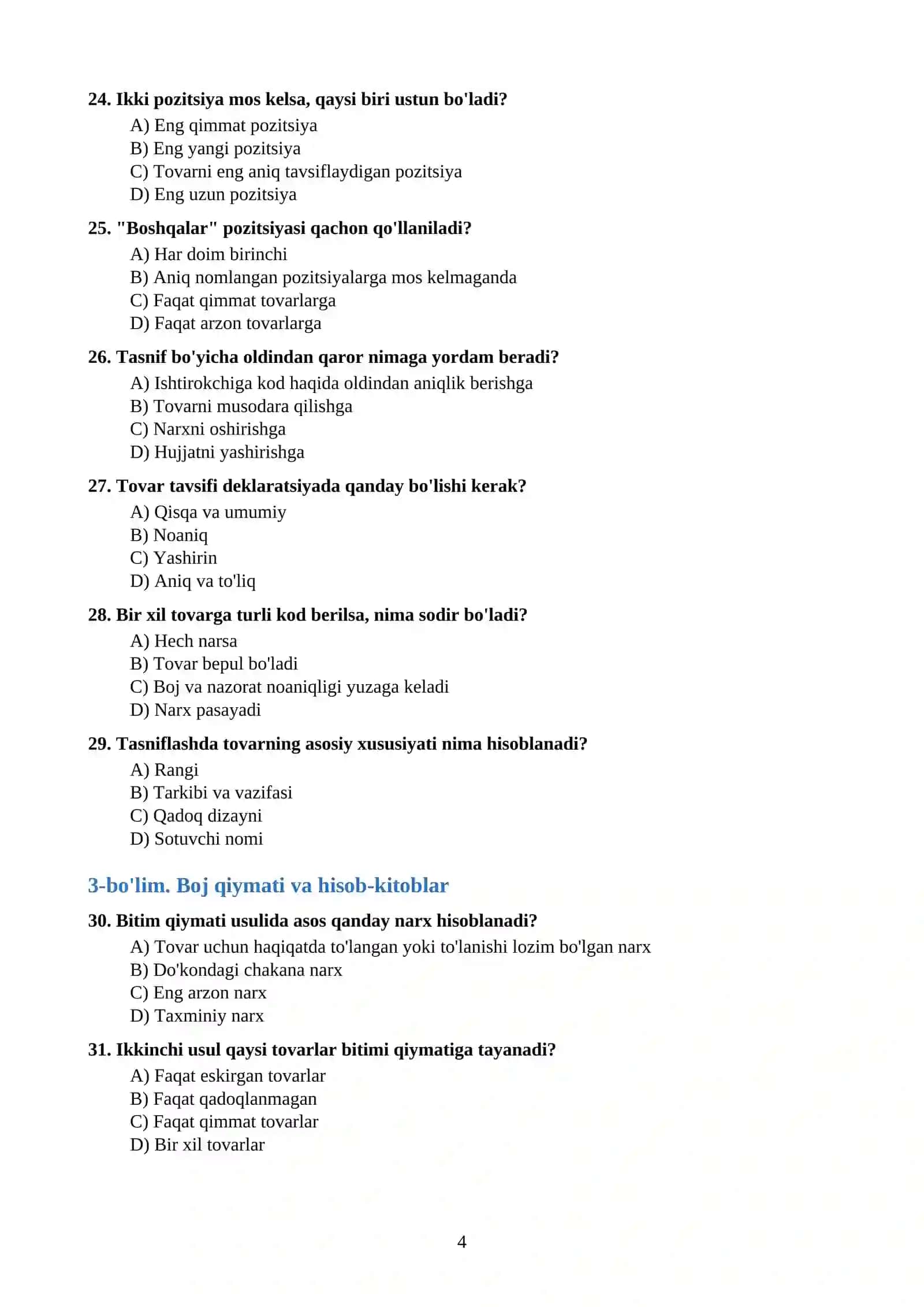 Bojxona Qo'mitasi ishiga kirish uchun Mashq Savollari 4