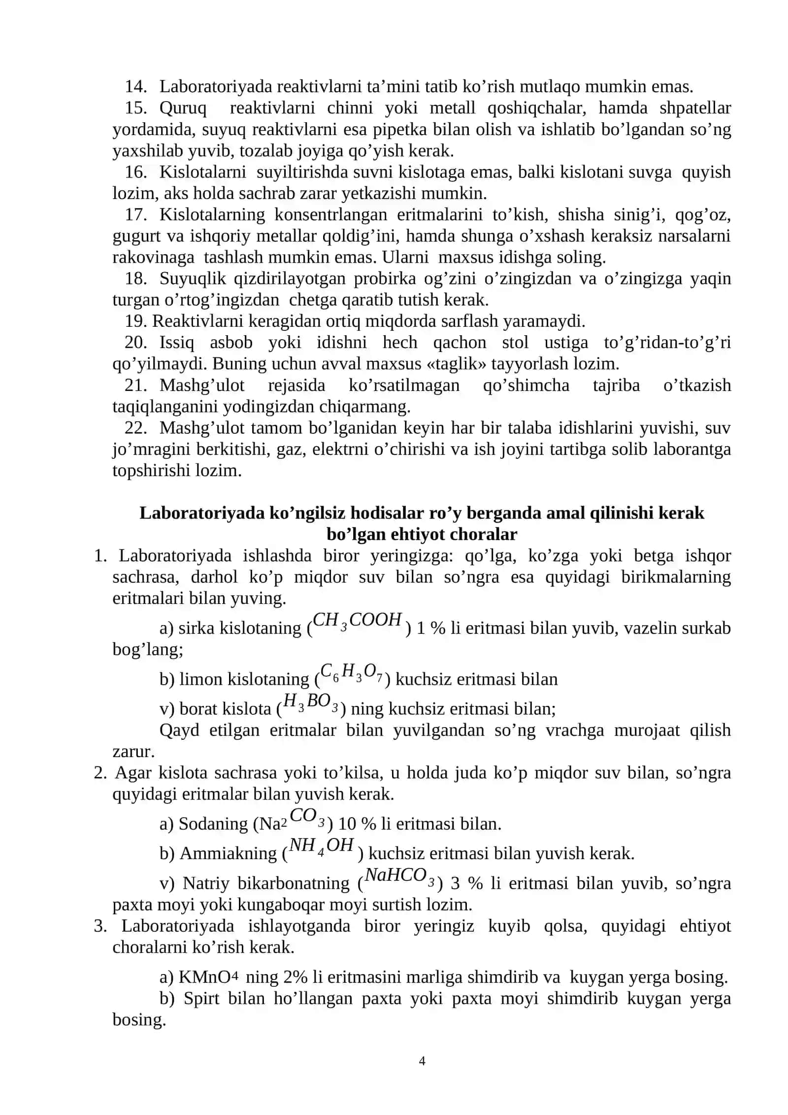 Umumiy va noorganik kimyo fanidan tajriba mashg’ulotlarini bajarish bo’yicha uslubiy qo’llanma 4