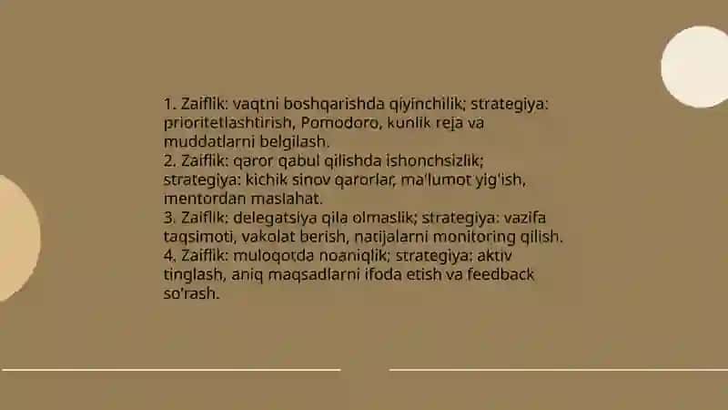 O‘zingizning rahbarlik qobiliyatingizni baholab, SWOT tahlil qilish 4