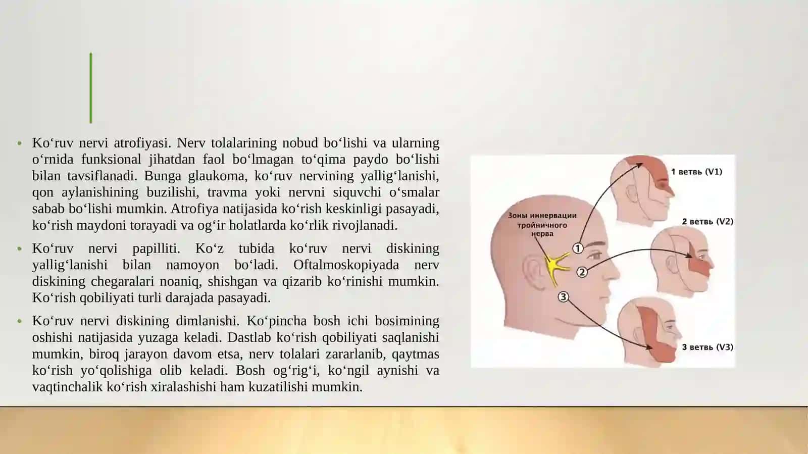 Ko‘ruv nerv patologiyalari. Orbita, kon’yunktiva, sklera va shox pardasi tahlil qilish. 4