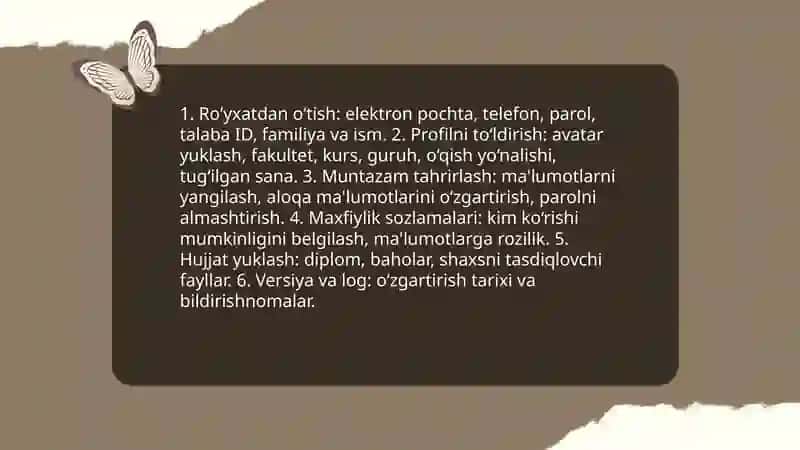 Universitet elektron platformasi shaxsiy kabinet qaytar aloqani amalga oshirish maʼlumotlarni joylashtirish taqdimoti 4