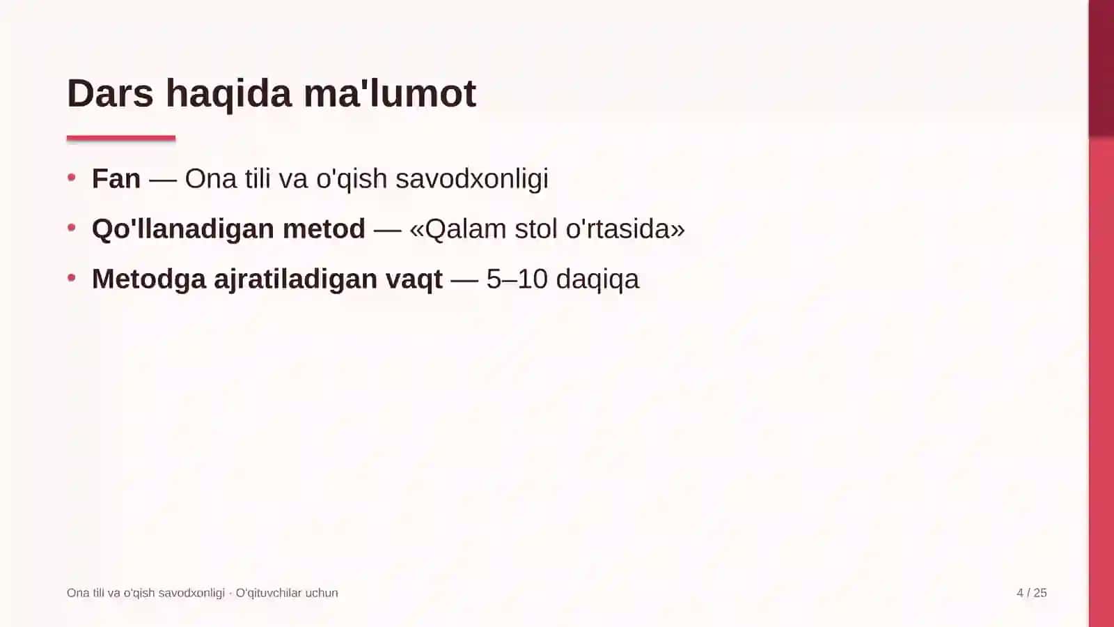 ona tili va o'qish savodxonligi darslarida qalam stol o'rtasida metodidan foydalanish 3663 4