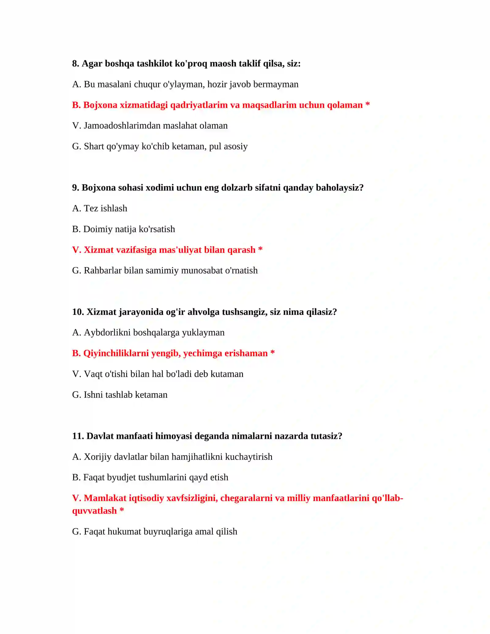 Bojxona nomzodlari uchun test savol javoblari 4