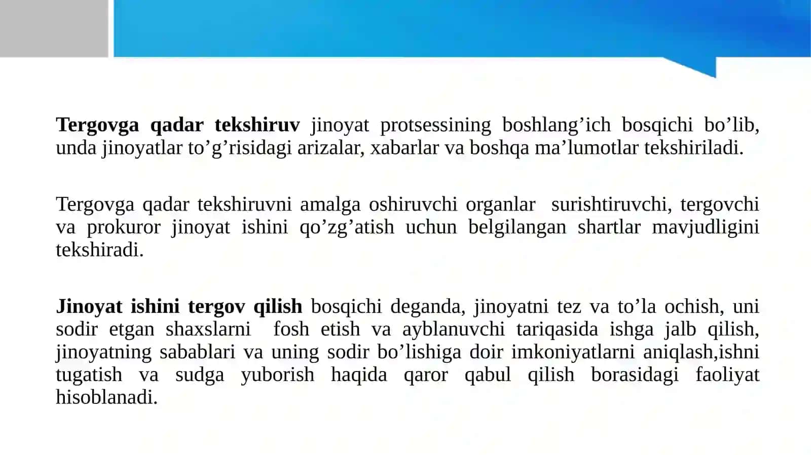 Jinoyat-protsessual  qonunchiligining vazifalari, vaqt va hudud bo’yicha amal qilishi hamda jinoyat-protsessual qonunchiligining ajnabiy fuqarolarga va fuqaroligi bo’lmagan  shaxslarga nisbatan amal qilishi masalalarini muho 4