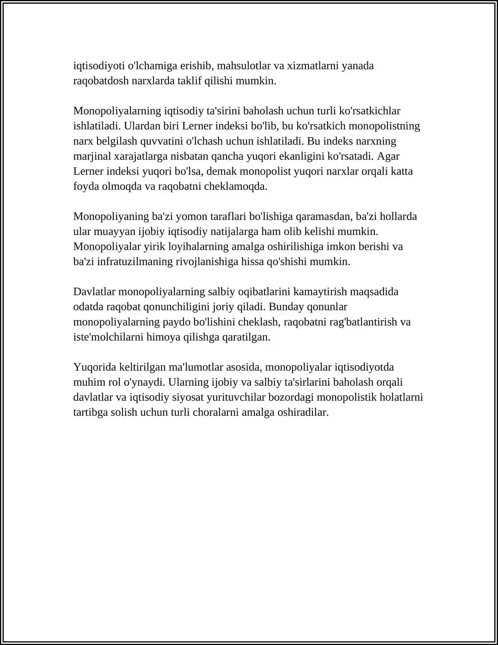 MONOPOLIYANING MOHIYATI VA UNING VUJUDGA KELISHI SABABLARI.KAPITALNING TO'PLANISHI VA MARKAZLASHUVI 4