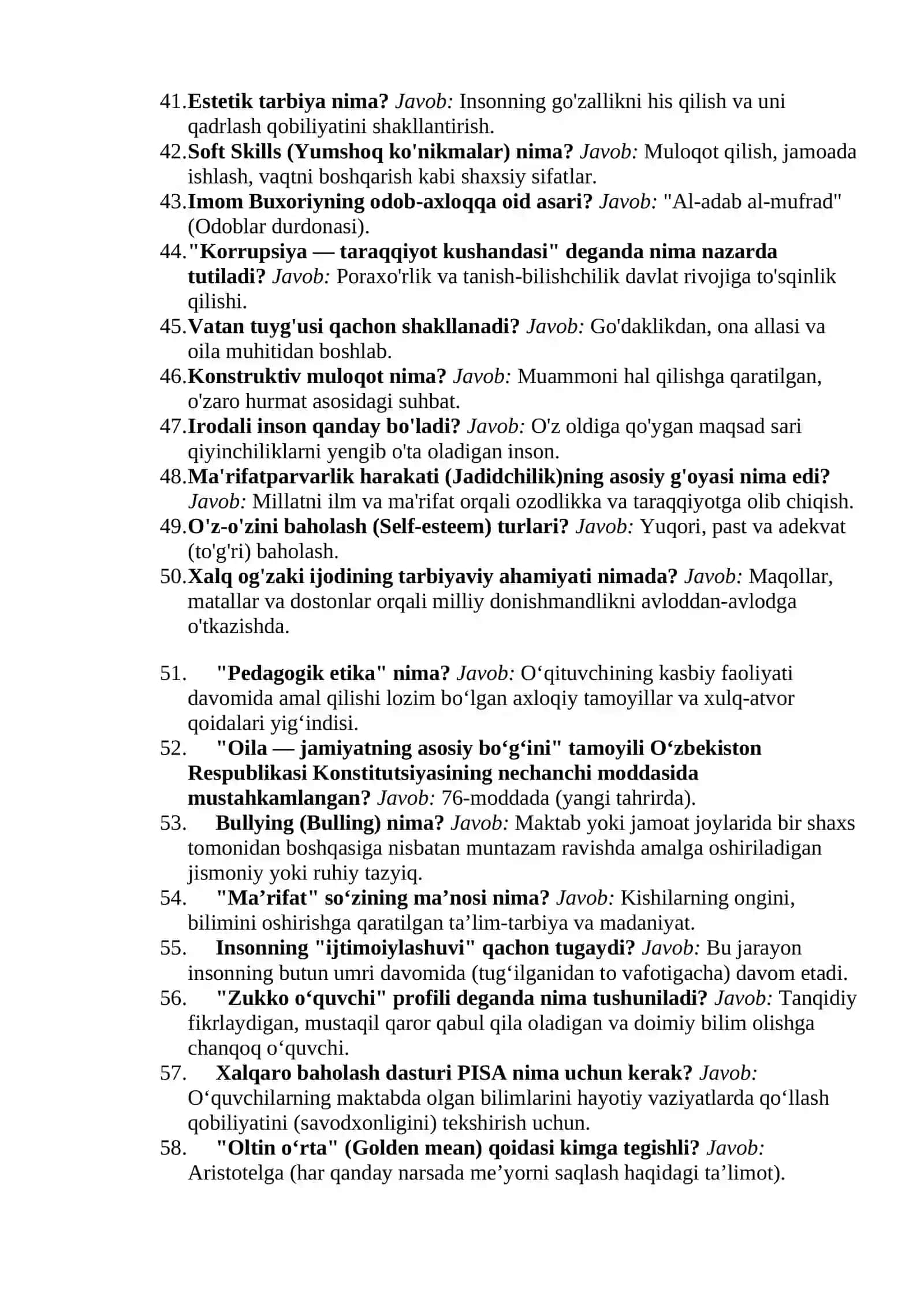 Tarbiya fani: Milliy sertifikat va Attestatsiya savollari. Yangi Test 2026 (500 ta savol-javob) 4