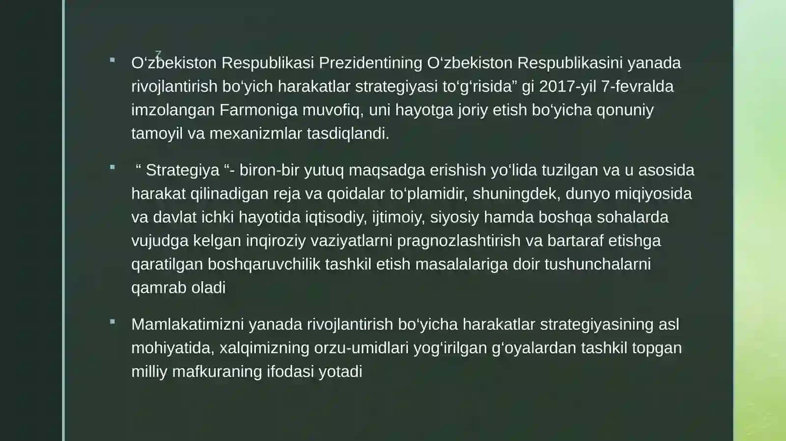 O‘zbekiston Prezidenti Sh.M.Mirziyoyevning “O’zbekiston Respublikasini yanada rivojlantirish bo‘yicha“ Harakatlar strategiyasi”ning Farmoni 4