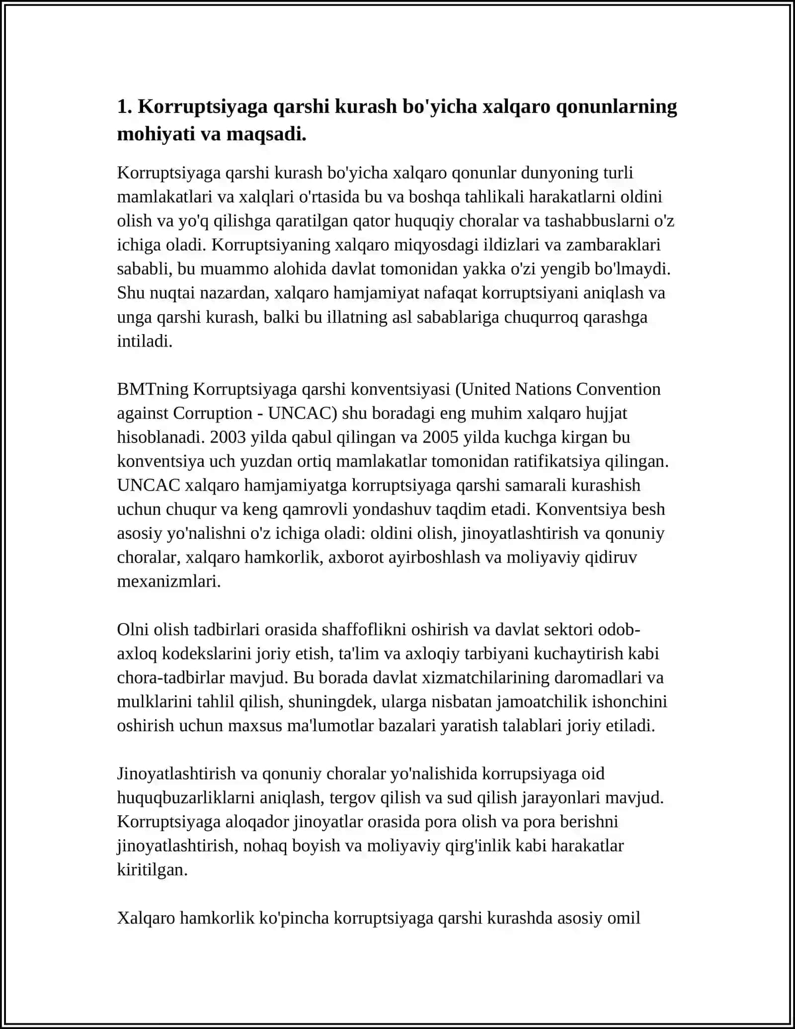 KORRUPSIYAGA QARSHI KURASH BO‘YICHA XALQARO QONUNLAR VA QARORLARNING O‘ZBEKISTONDA RATIFIKATSIYA QILISHNING AHAMIYATI, IQTISODIY-SIYOSIY VA IJTIMOIY HUQUQIY MEXANIZMLARI 4