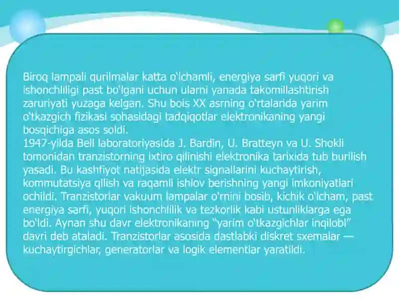 Zamonaviy elektronika  va sxemalarda diskret qurilmalaridan integrallar sxemalarigacha rivojlanishining  tarixiy davrlari  va rivojlanish istiqbollari 4