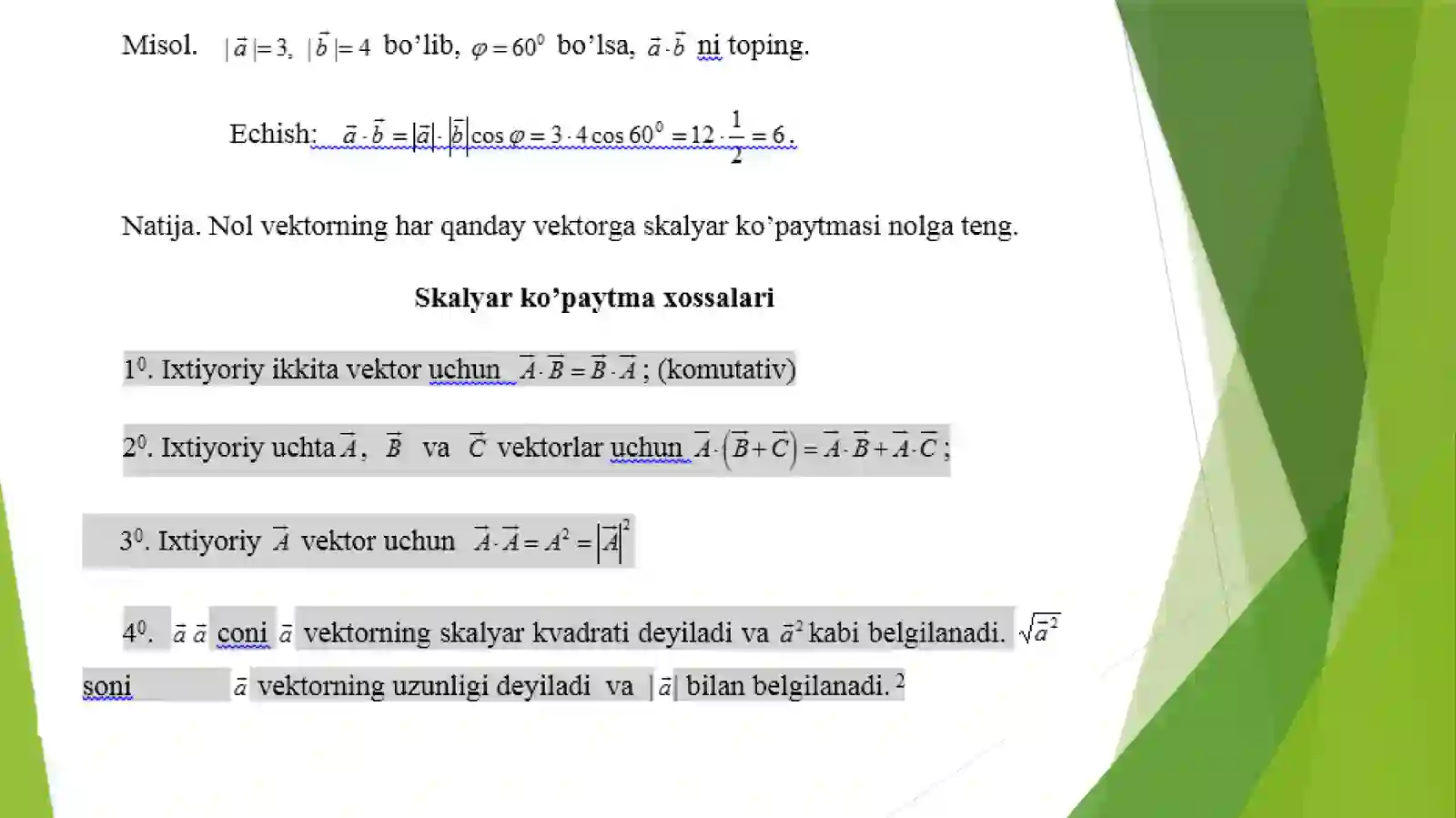 Vektorlarning skalyar va vektor ko’paytmasi 4