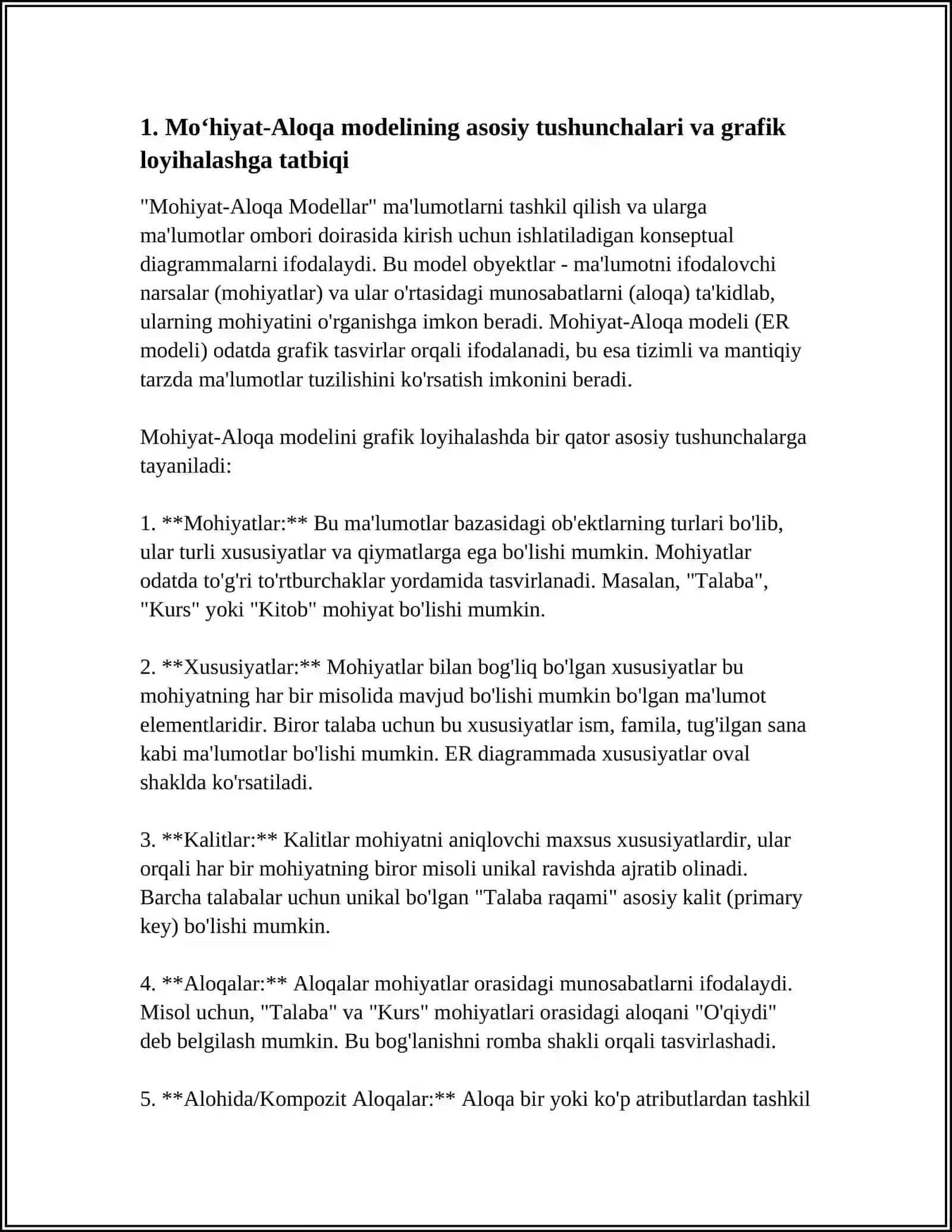 MAZVU: BERILGANLARNING MOXIYAT- ALOQA MODELI. 'MOHIYAT ALOQA' MODELI ELEMENTLARI BÓYICHA GRAFIG LOYIHALASH 4