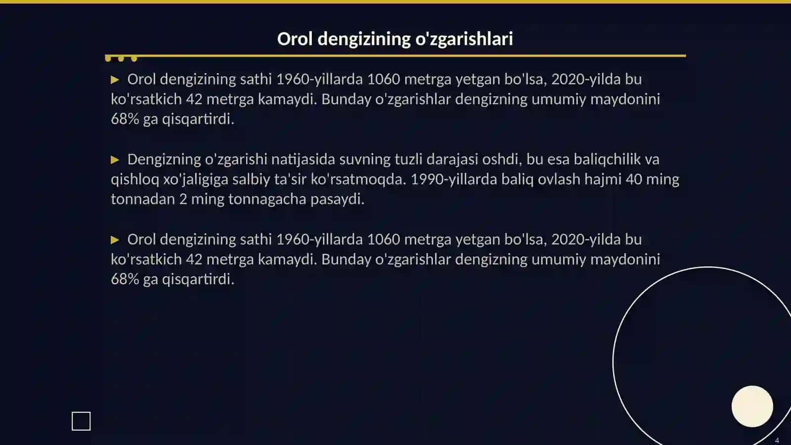 Oʻzbekiston ekologik muammolar va ularning yechimlari: Orol fojiasi misolida.Atrof muhitni muhofaza qilish boʻyicha davlat dasturlari 4