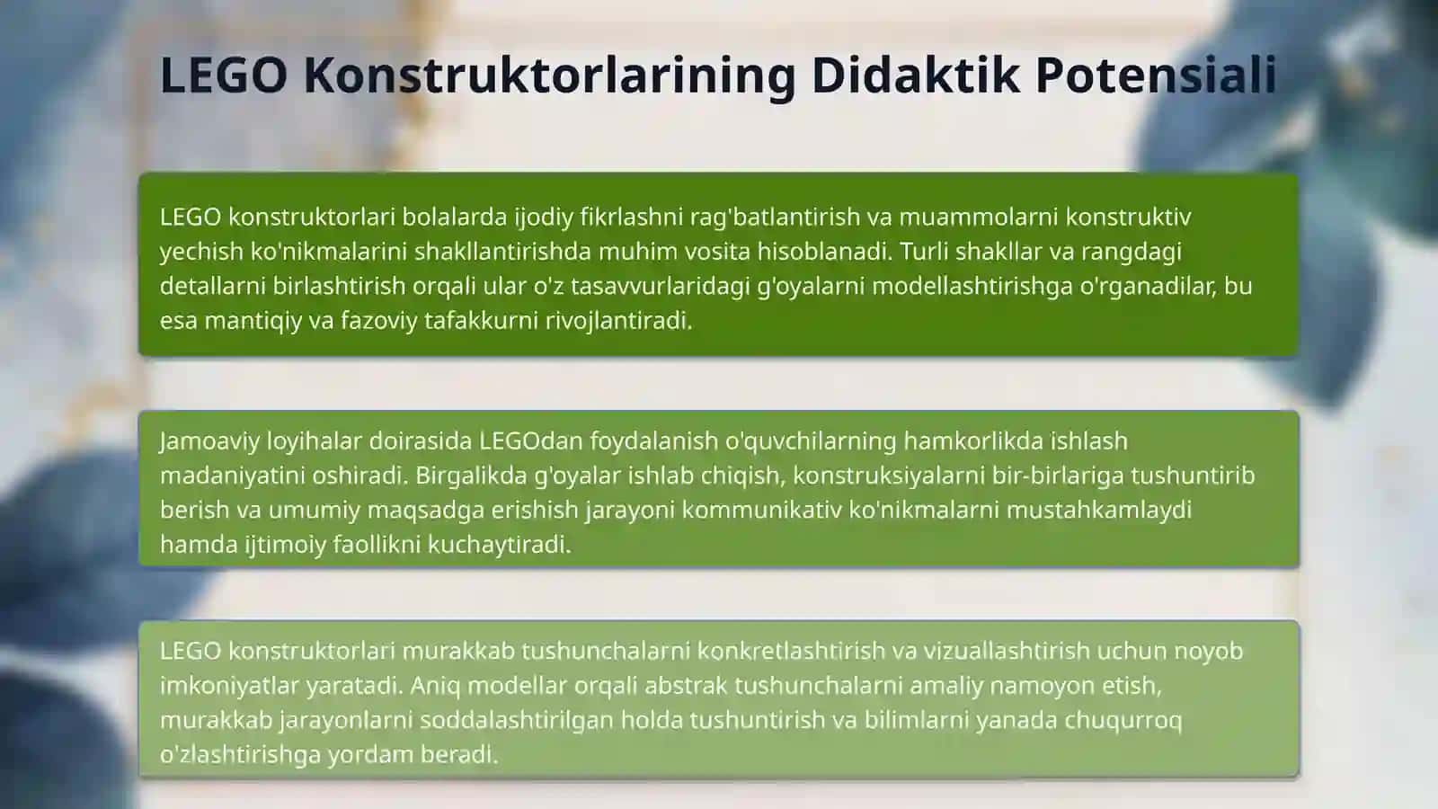 Obʼekt-fazoviy muhitini rivojlantirish " LEGO konstruksiya"  oʻquv moduliga 4