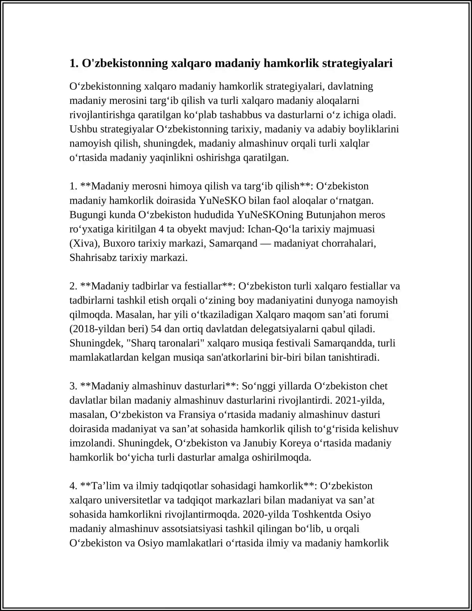O'ZBEKISTONNING MADANIY SOXADAGI XALQARO HAMKORLIGI 4
