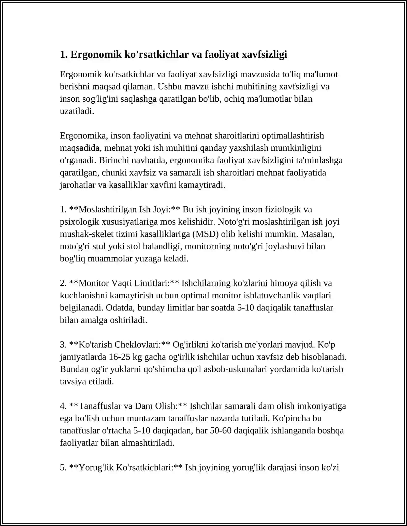 FAOLIYAT XAVFSIZLIGINI TA'MINLASHNING ERGONOMIK KO'RSATKICHLARINI TAHLIL QILISH 4