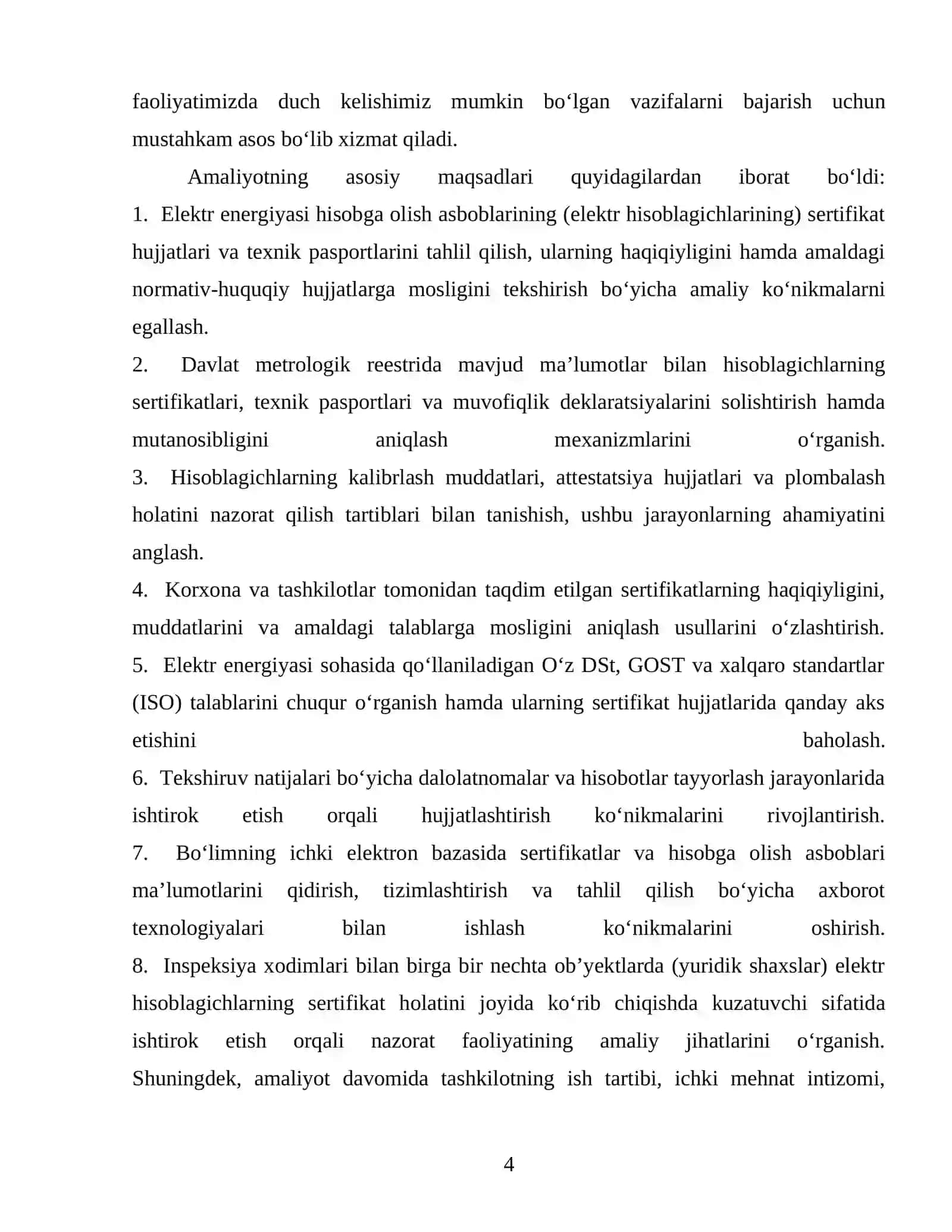 Elektr energiyasidan foydalanishni nazorat qilish bo‘limida sertifikatlashtirish va metrologik nazorat hujjatlarini tekshirish 4