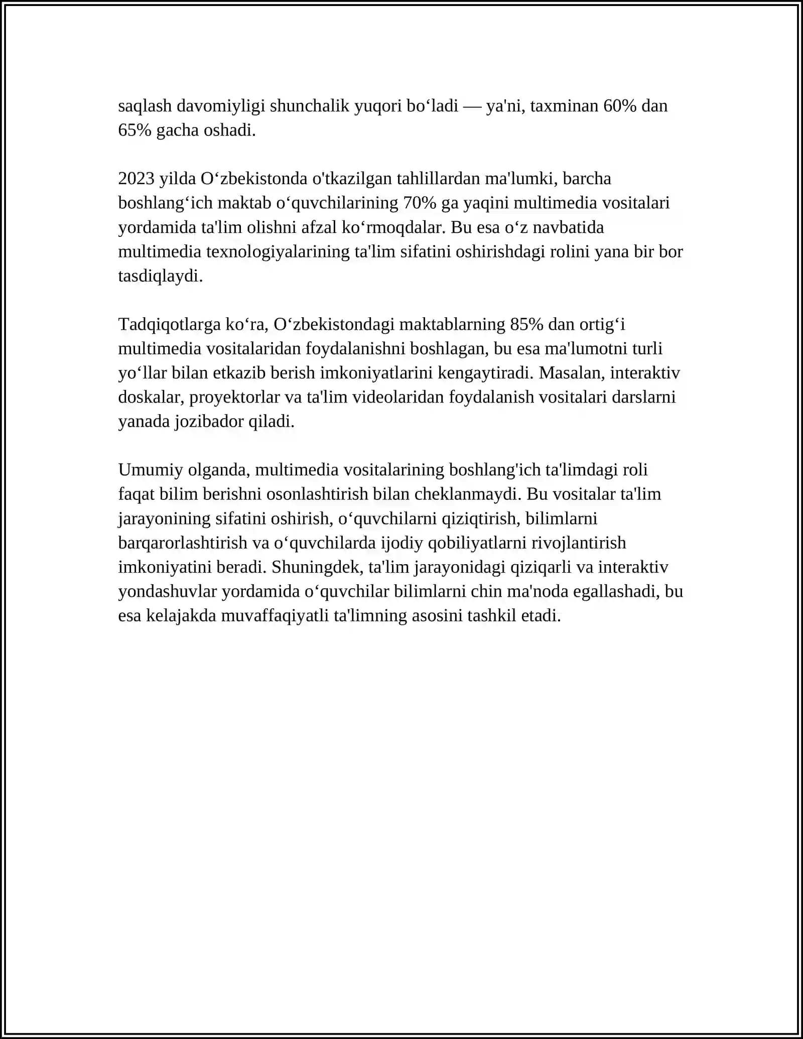 BOSHLANG'ICH TA'LIM TABIIY FANLARI DARSLARIDA O'QUV VOSITALARI MULTIMEDIA TARQATMA VA DIDAKTIK MATERIALLARIDAN FOYDALANISH METODIKASI 4