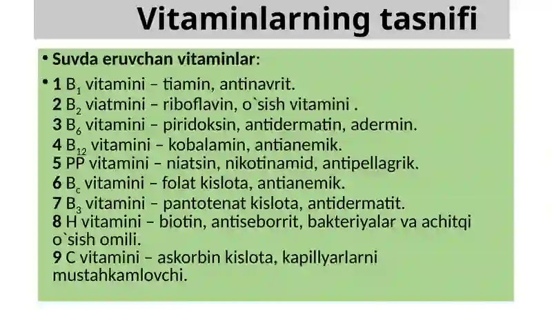 Toshkent Tibbiyot Akademiyasi 1-son Davolashishi fakulteti 107-B guruhi talabasi Umarov Bekzodning Tibbiy kimyo fanidan "Nasliya vitamin ozlar" mavzusida taqdimoti 4