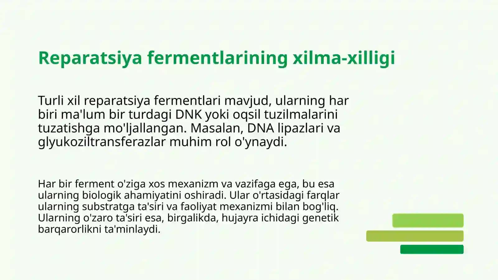 Reparatsiya fermentlari faoliyatining xilma-xilligi. Noallel oʻzlashtirish, genlarning  oʻzaro ta'siri. Pleyotropiya. 4