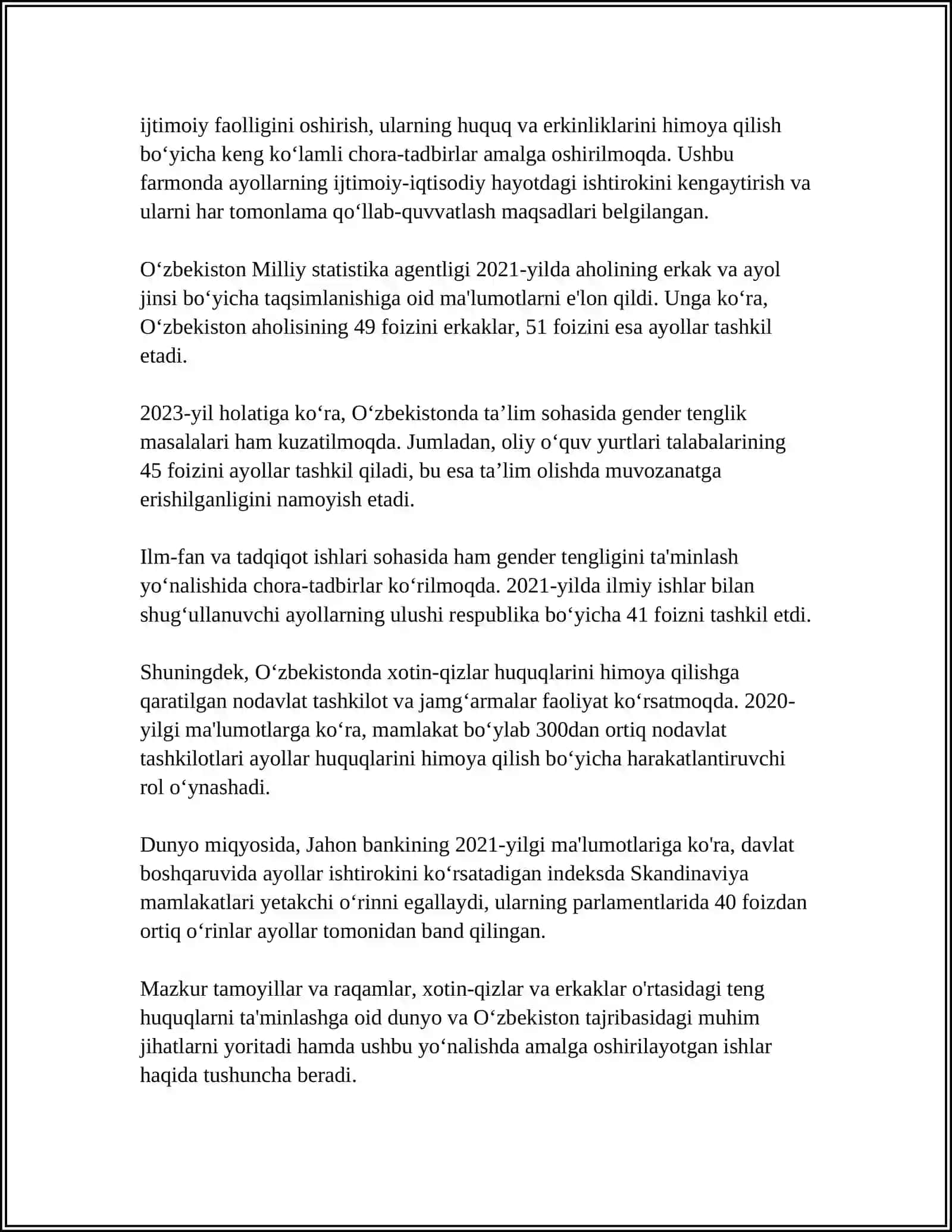 Xotin Qizlar va Erkaklarning Teng Huquqi 4