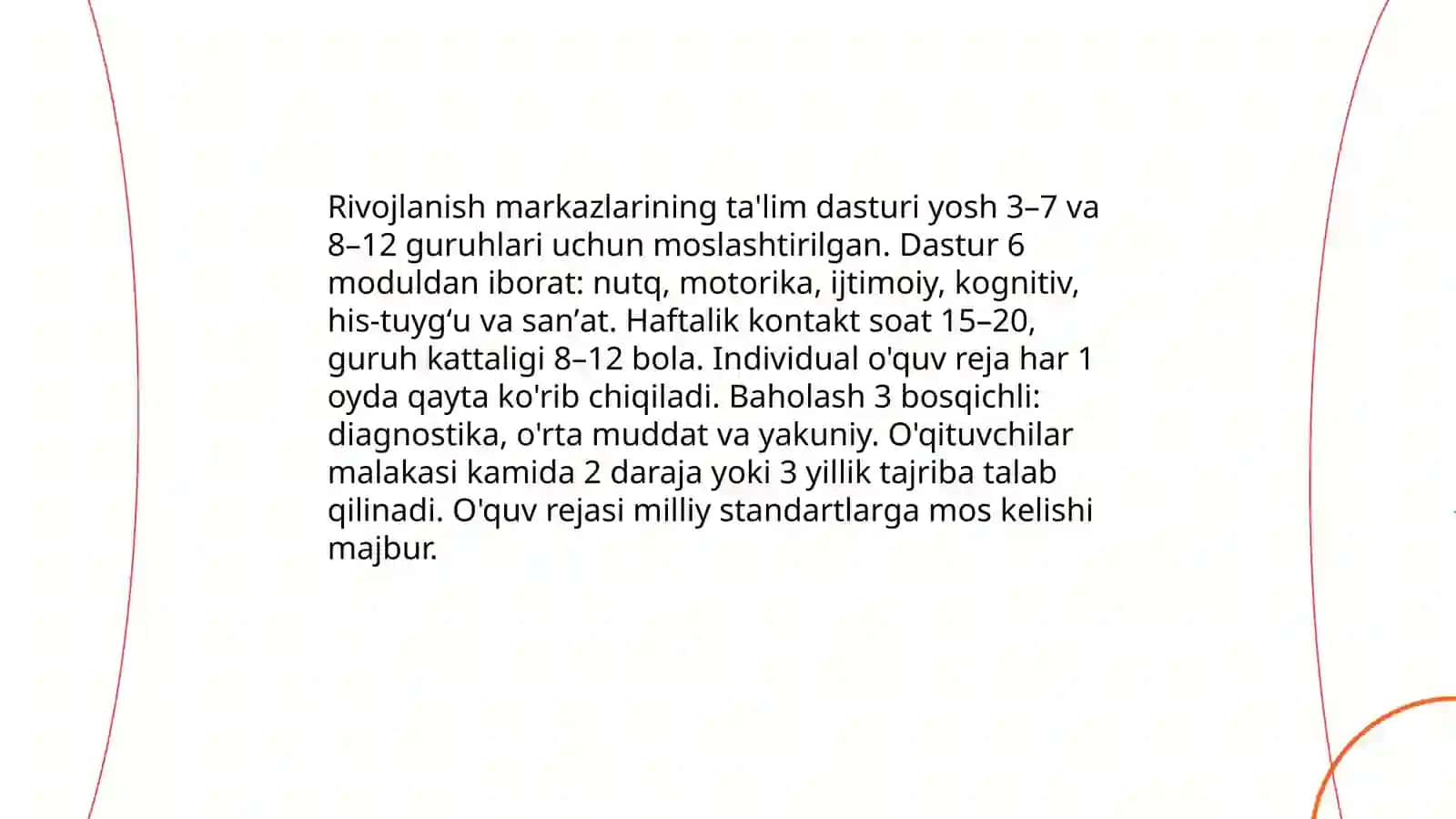 Rivojlanish markazlarining ta'lim dasturlari va o'quv rejasi 4