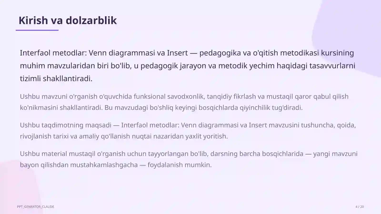 Interfaol metodlar: Venn diagrammasi va Insert 4