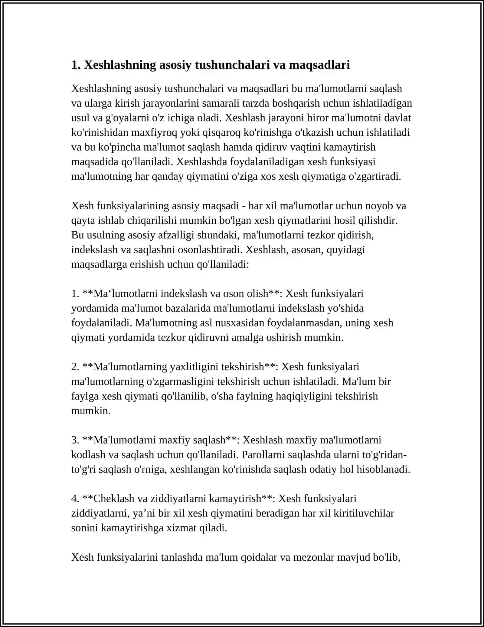 MALUMOTLARNI TASHKIL QILISHNING KALITLARINI AKSLANTIRISH USULI (XESHLASHTIRISH). XESH FUNGSIYALARINI TANLASH QOIDALARI 4