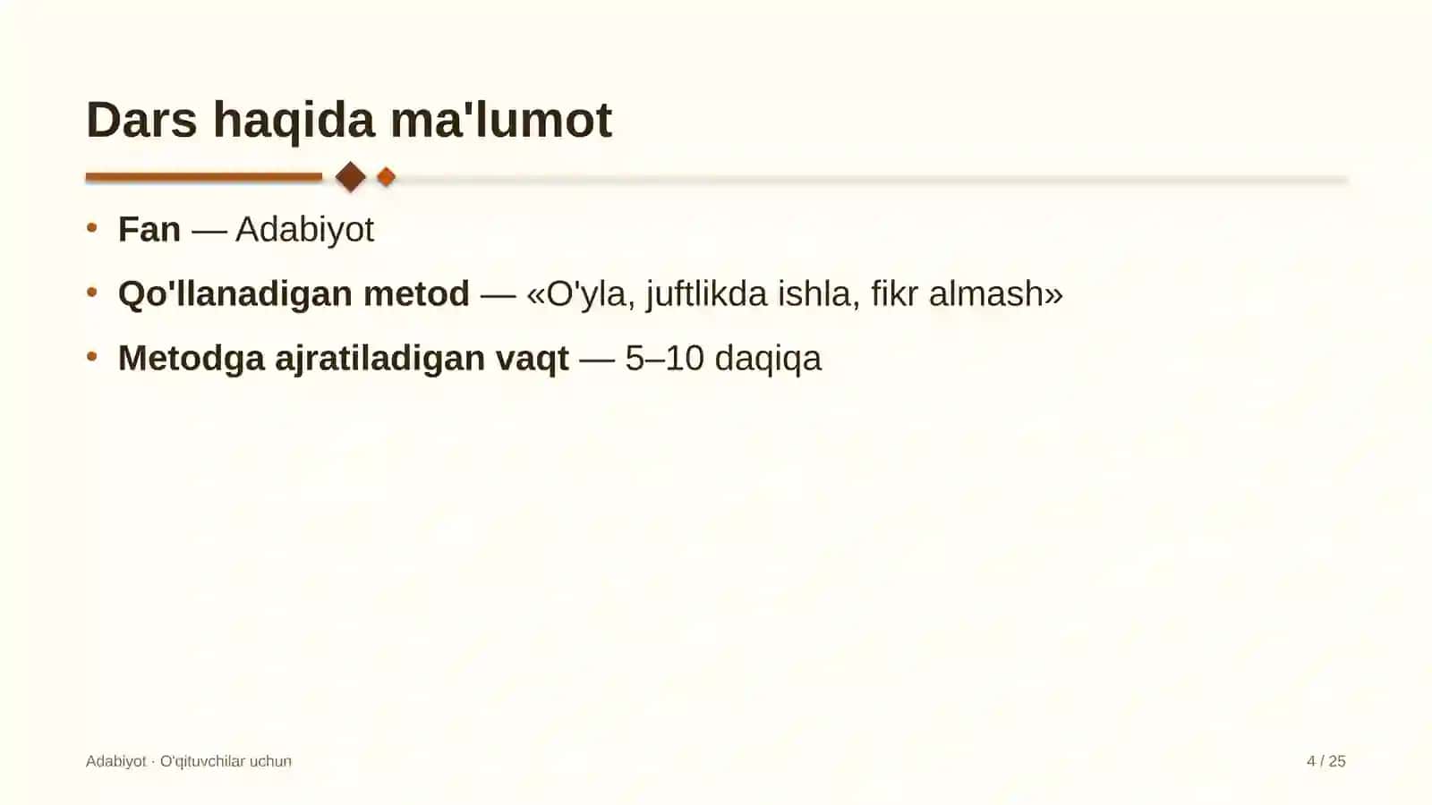 adabiyot darslarida o'yla juftlikda ishla fikr almash metodidan foydalanish 2598 4
