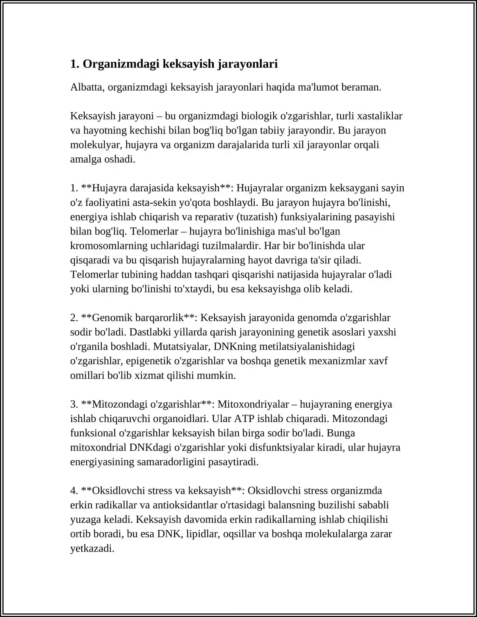 ORGANIZMDAGI KEKSAYISH DAVRIGA XOS ÒZGARISHLAR. APAPTOZ MEXANIZMLARI. PROGERIYYA ETIOPATOGENEZI 4